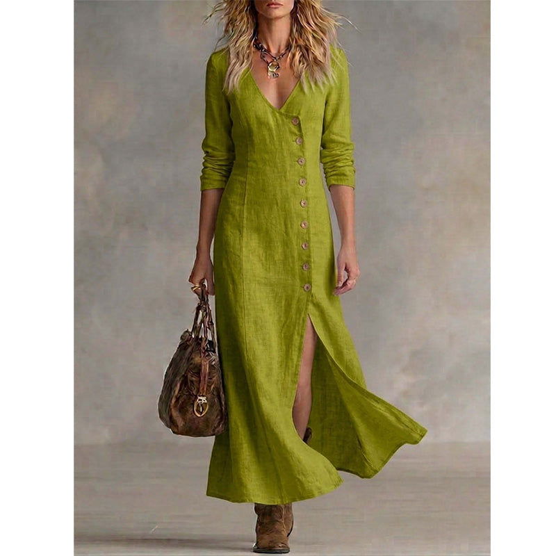 Quinalisse - Elegant Vintage Long Sleeve Midi Shirt Dress