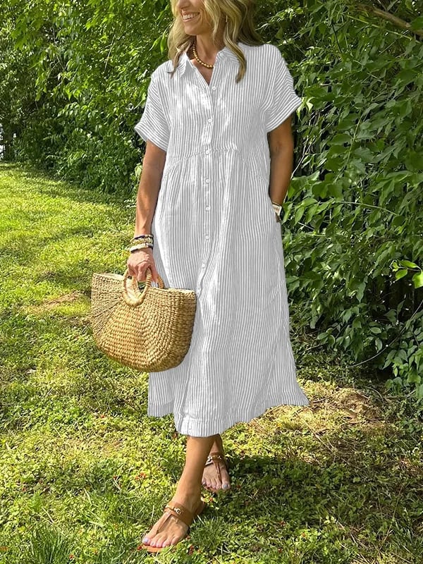 Melania - Striped shirt dress with lapels and buttons | With functional pockets