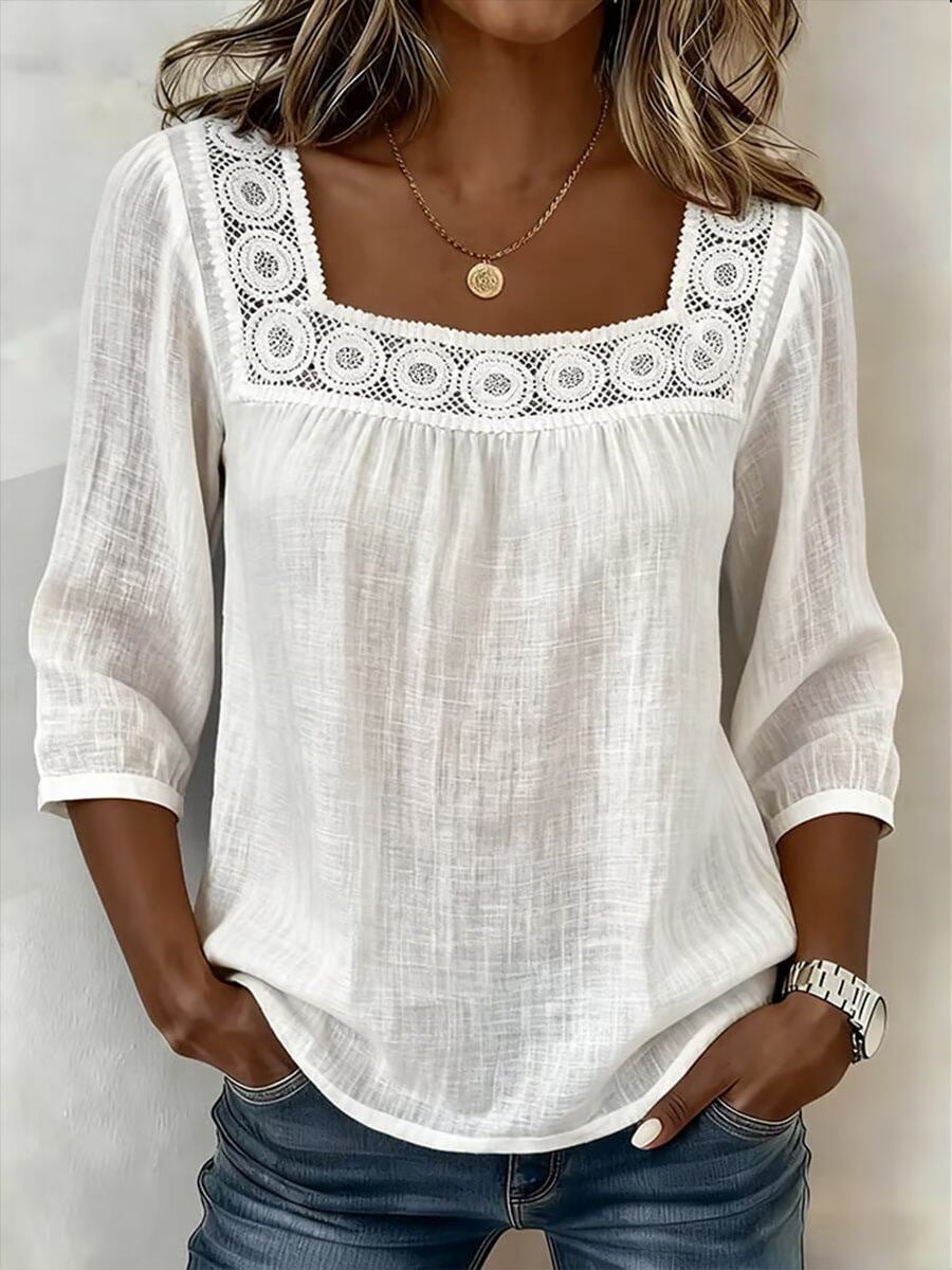 Myzaria - Women's blouse with elegant lace square neckline