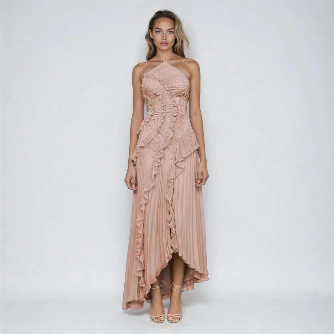 Bravielle - Women's long pleated dress with elegant asymmetric ruffles