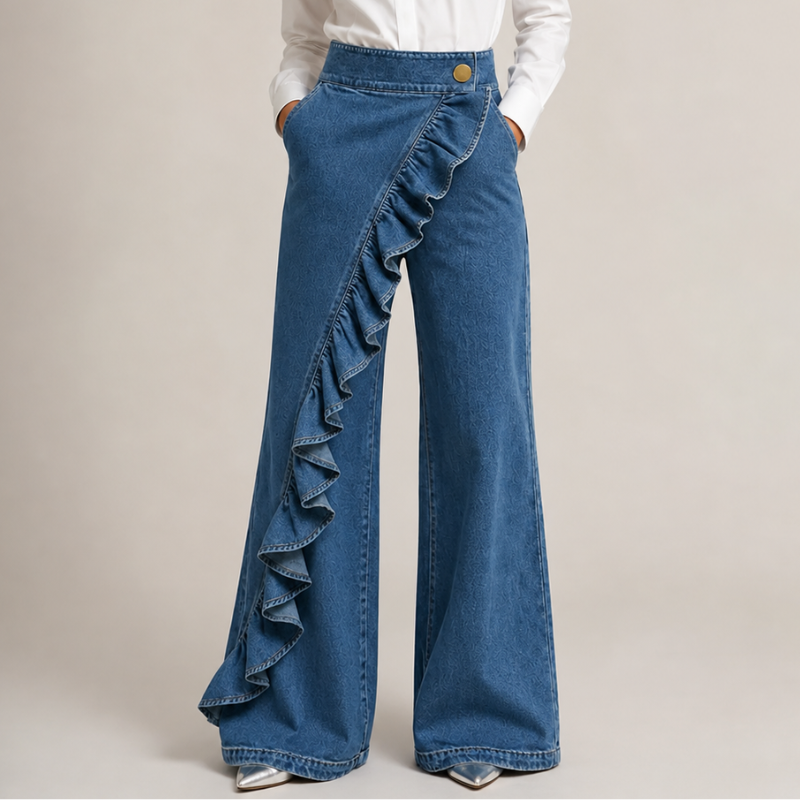 Izzavelle - Women's Wide-Leg Ruffled Denim Culottes in an Elegant Skirt-Pant Style