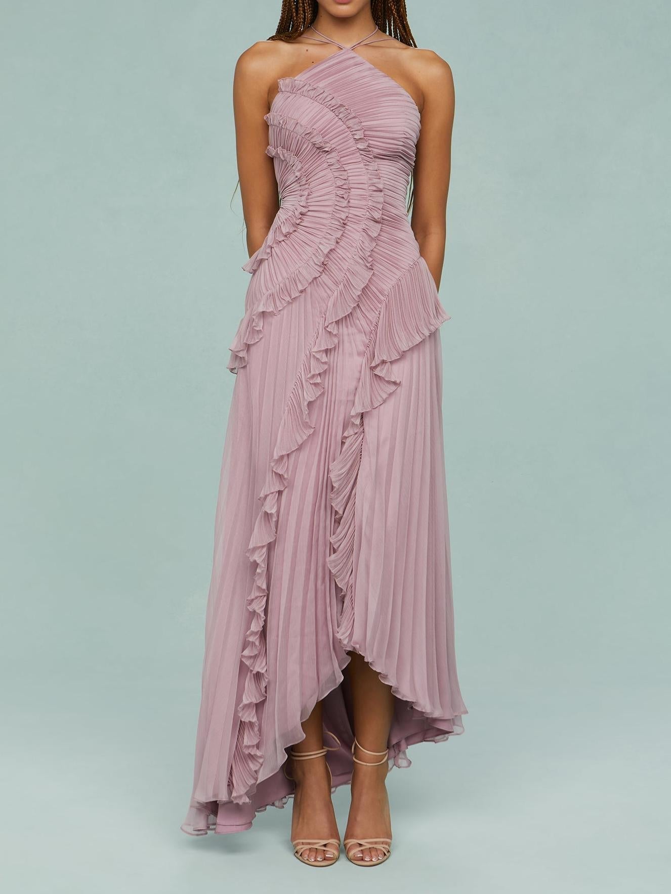 Bravielle - Women's long pleated dress with elegant asymmetric ruffles