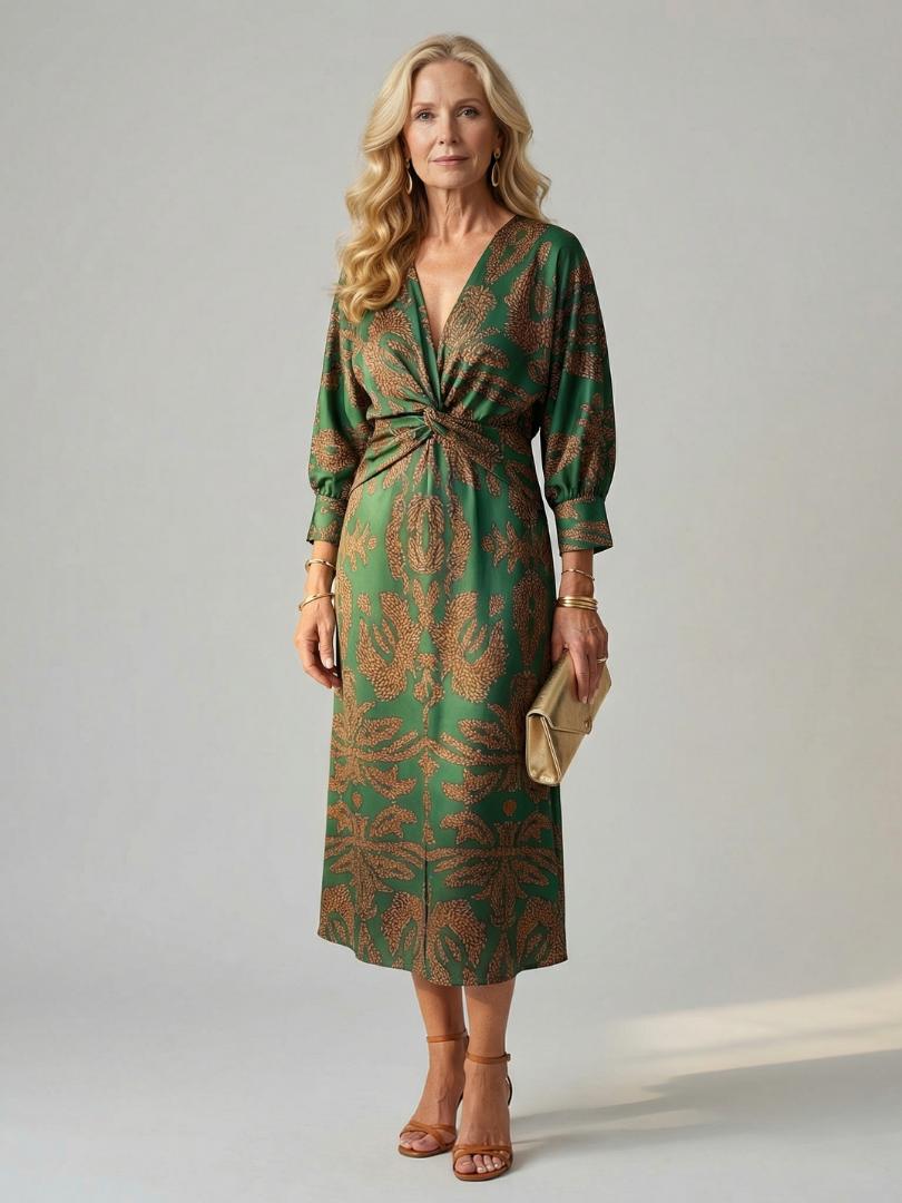 Falune - Women's elegant printed wrap midi dress with a fitted waist