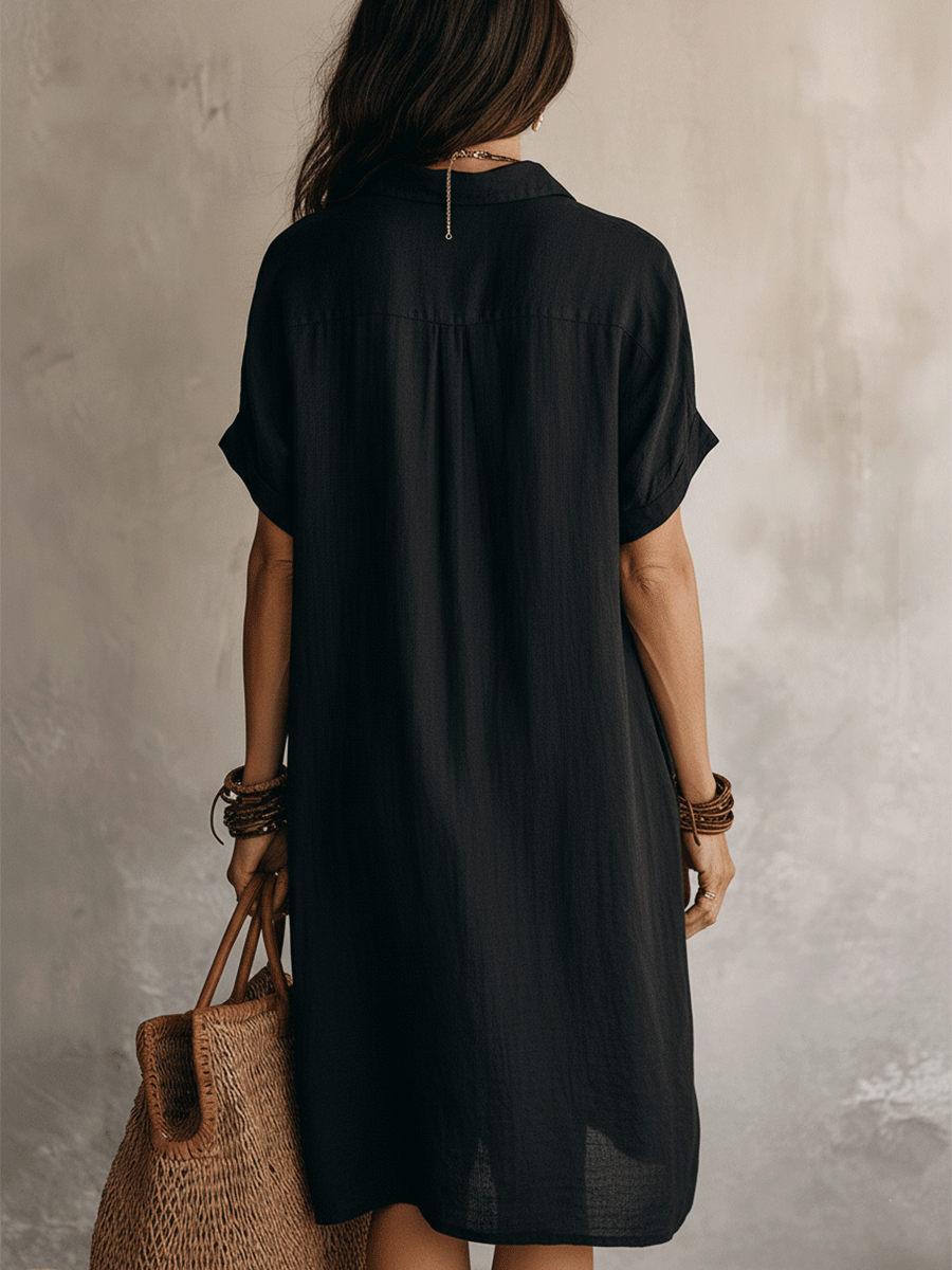 Quenovia - Women's Midi Linen Cotton Shirt Dress Buttoned Short Sleeves