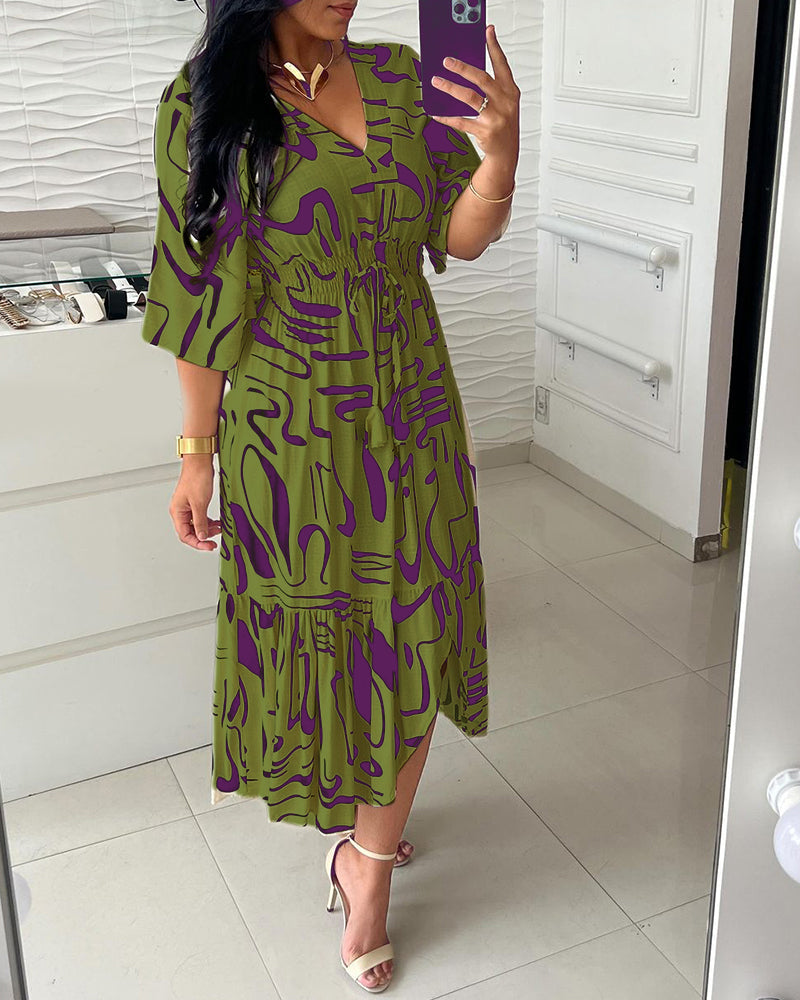 Sanae - Elegant Print V-Neck Dress