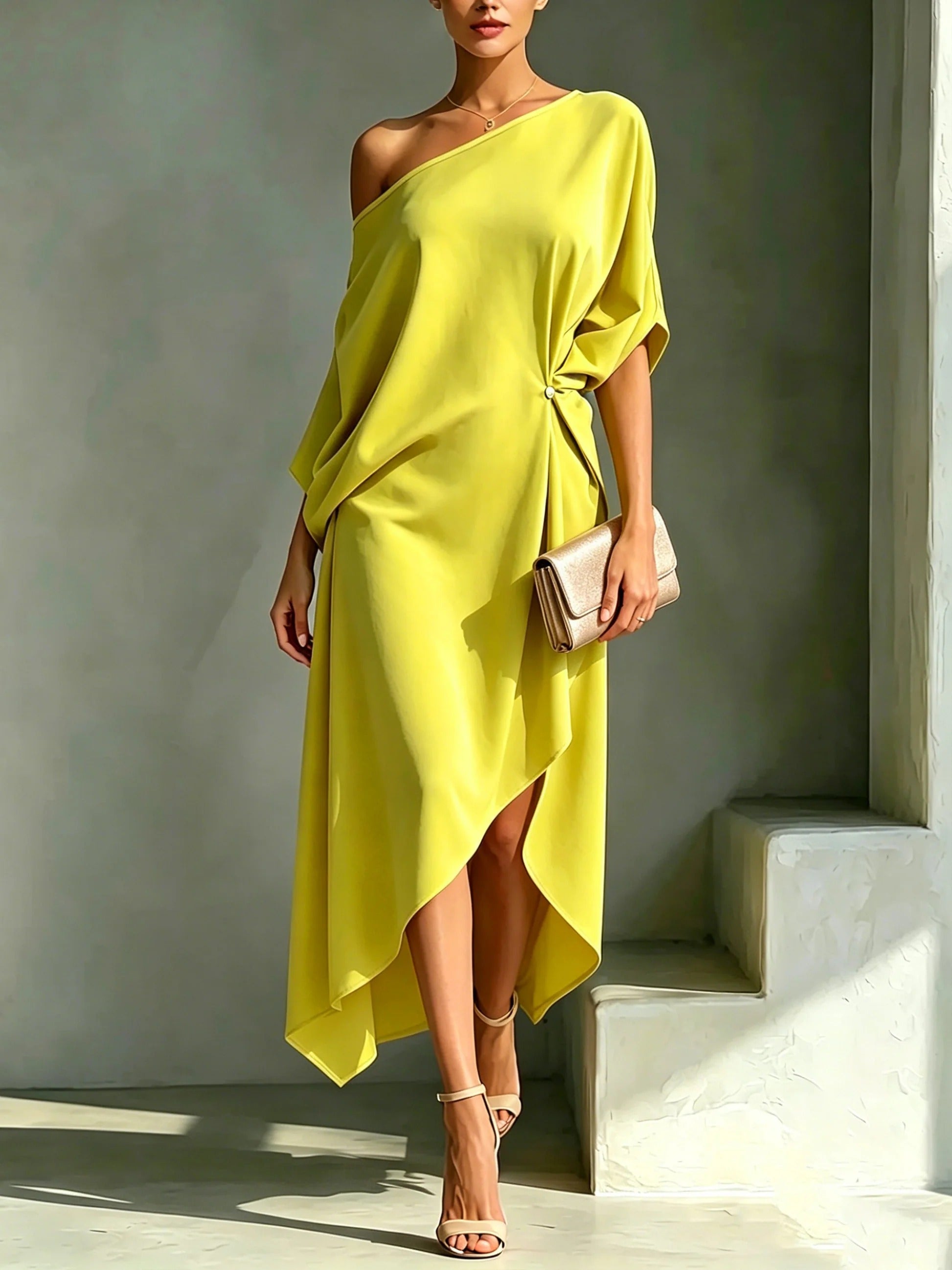 Helovyn - Women's Elegant One-Shoulder Flowy Asymmetrical Midi Dress