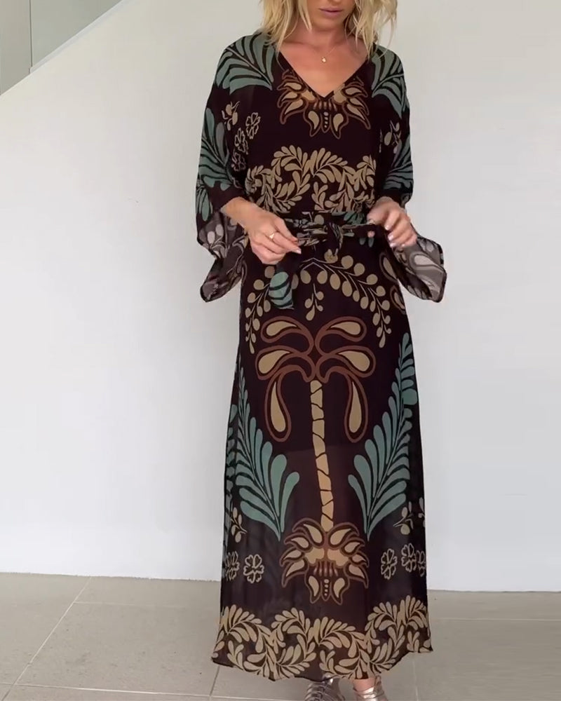 Praxellea - Women's Boho Maxi Dress Loose V-Neck Elegant Leaf Print