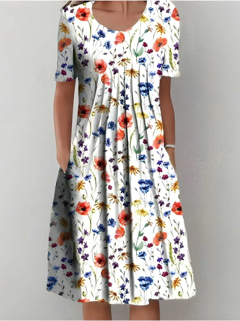 Aurexia - Women's Floral Pleated Short Sleeve Flowy Elegant Dress