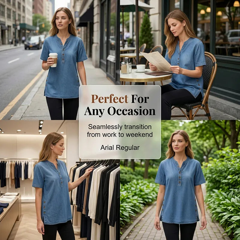 Kynessa - Women's Lightweight Denim Tunic with Short Sleeves and V-Neck