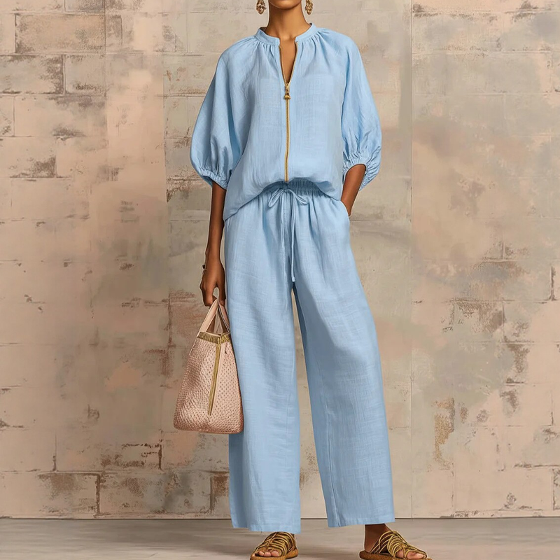 Calyndra - Women's solid color two-piece set with zipped top and wide-leg trousers