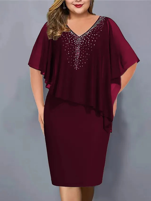 Lorenne - Women's Cape Dress with Rhinestones and Chiffon Overlay