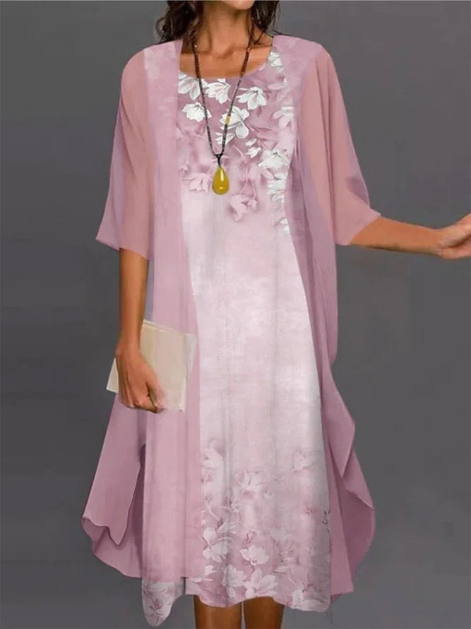 Nesoria - Women's Two-Piece Floral Print Elegant Dress Set