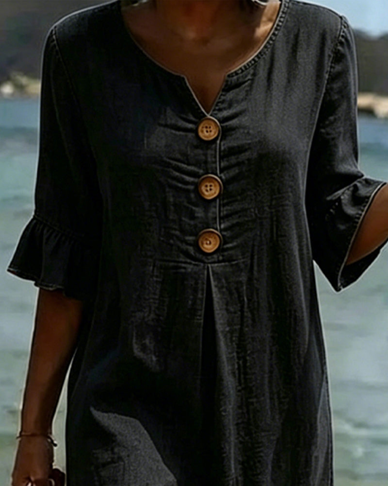 Fynorae - Women's denim dress with ruffled sleeves, flowy cut, for summer beach