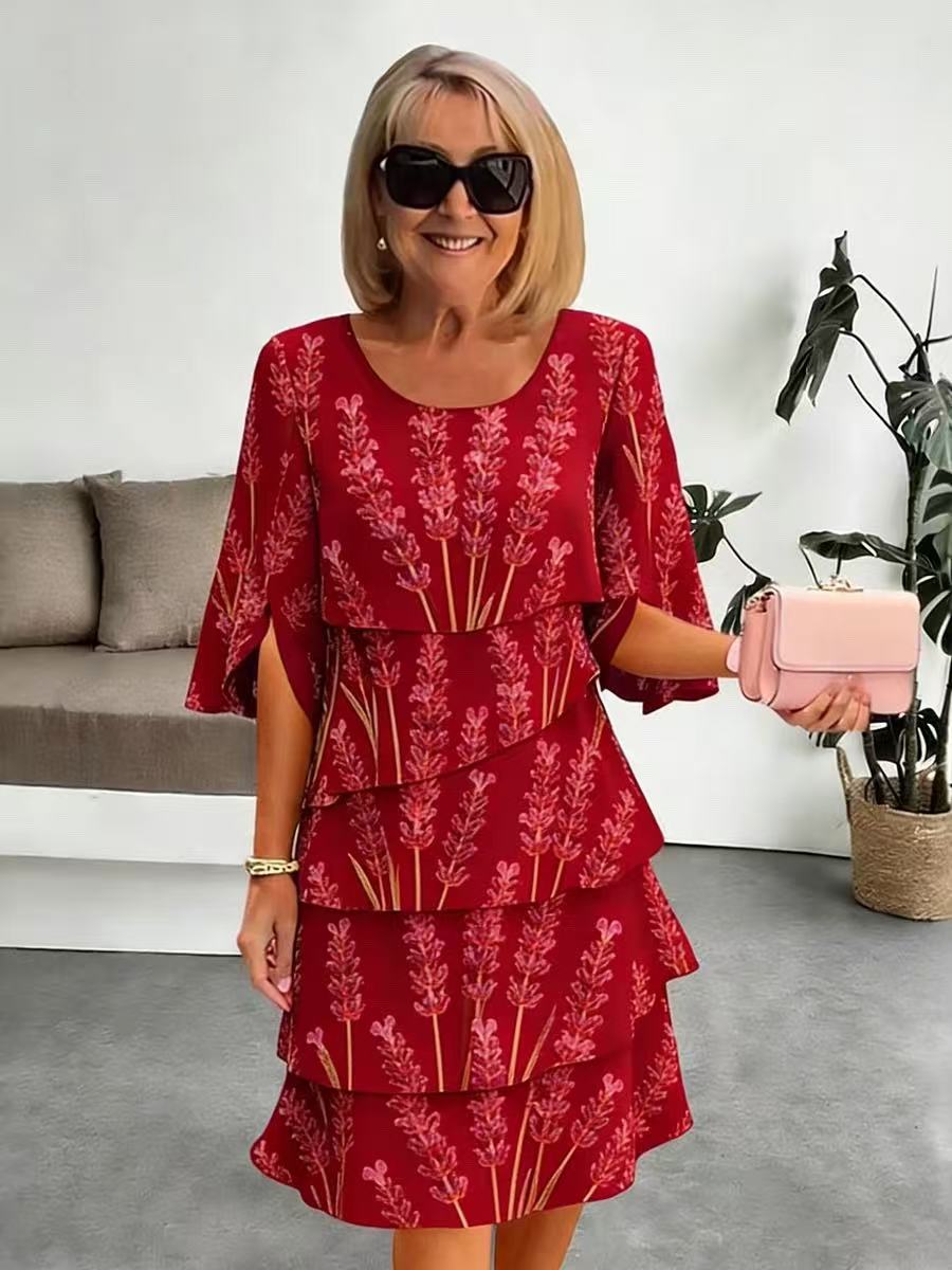 Elyvane - Women's Midi Floral Print Ruffled Slit Sleeve Dress