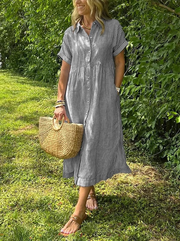 Melania - Striped shirt dress with lapels and buttons | With functional pockets
