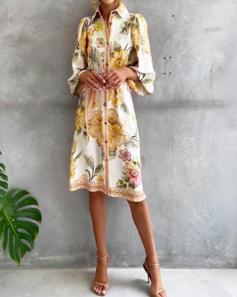 Glyssara - Women's Elegant Floral Dress with Lantern Sleeves and Buttons