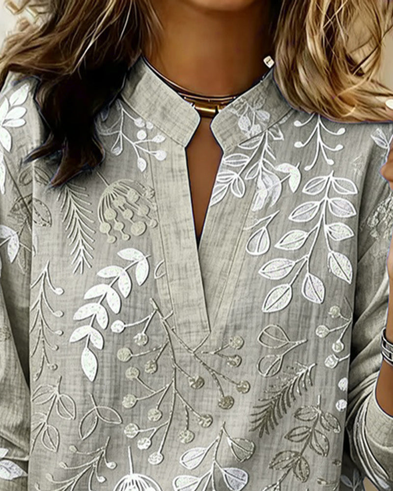 Drynora - Women's Floral Print Open Collar Long Sleeve Elegant Style Blouse