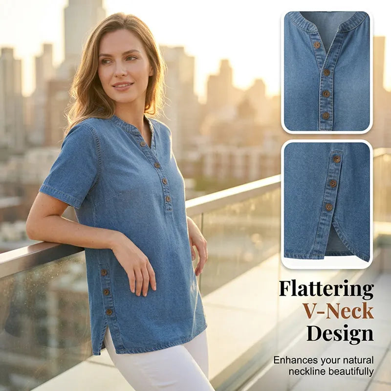 Kynessa - Women's Lightweight Denim Tunic with Short Sleeves and V-Neck