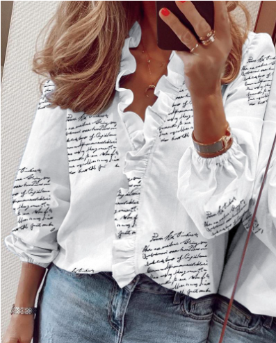 Nythera - Women's Ruffled V-Neck Lantern Sleeve Blouse