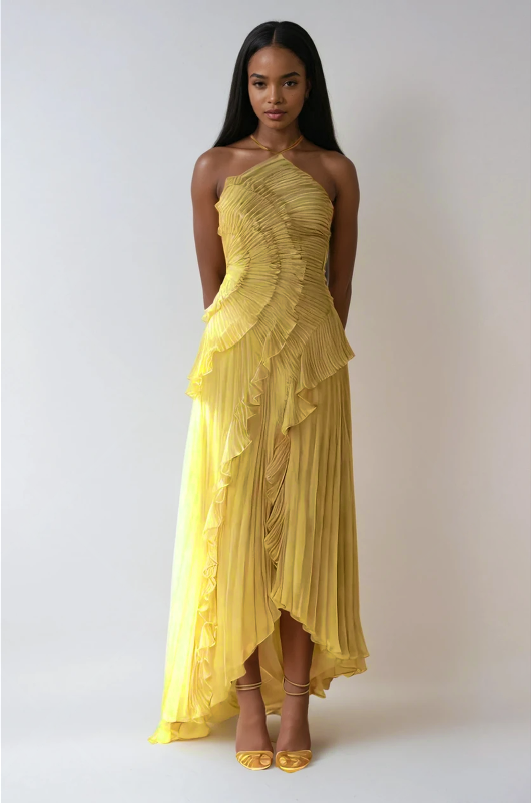 Bravielle - Women's long pleated dress with elegant asymmetric ruffles