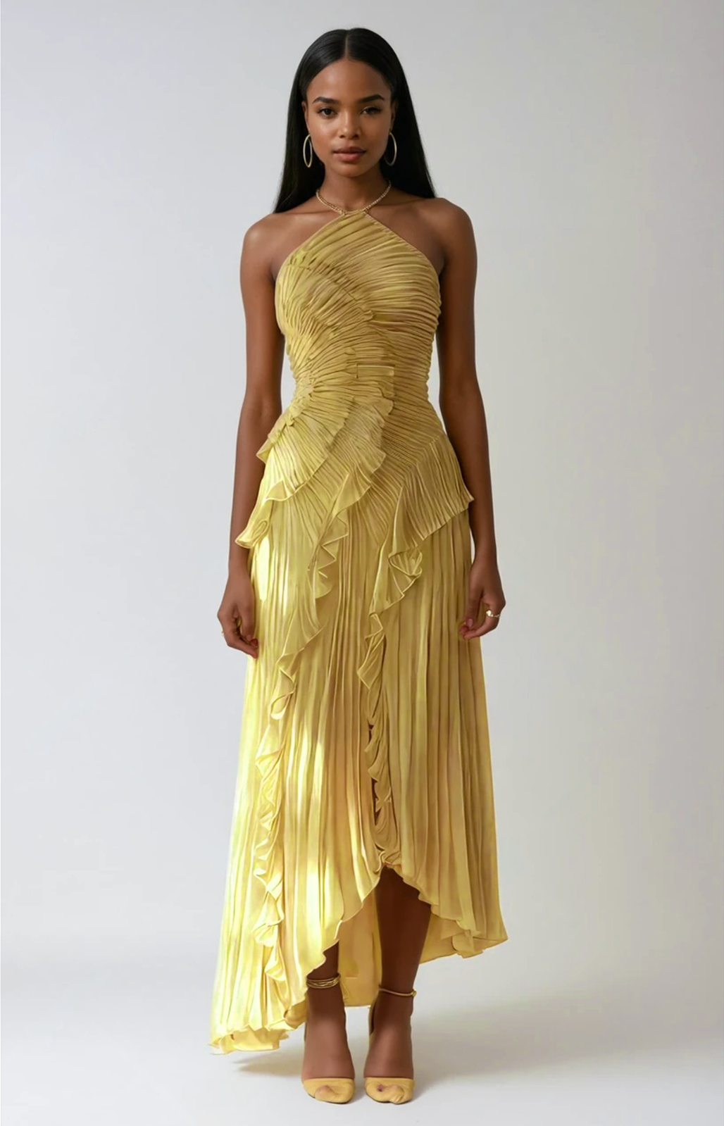 Bravielle - Women's long pleated dress with elegant asymmetric ruffles