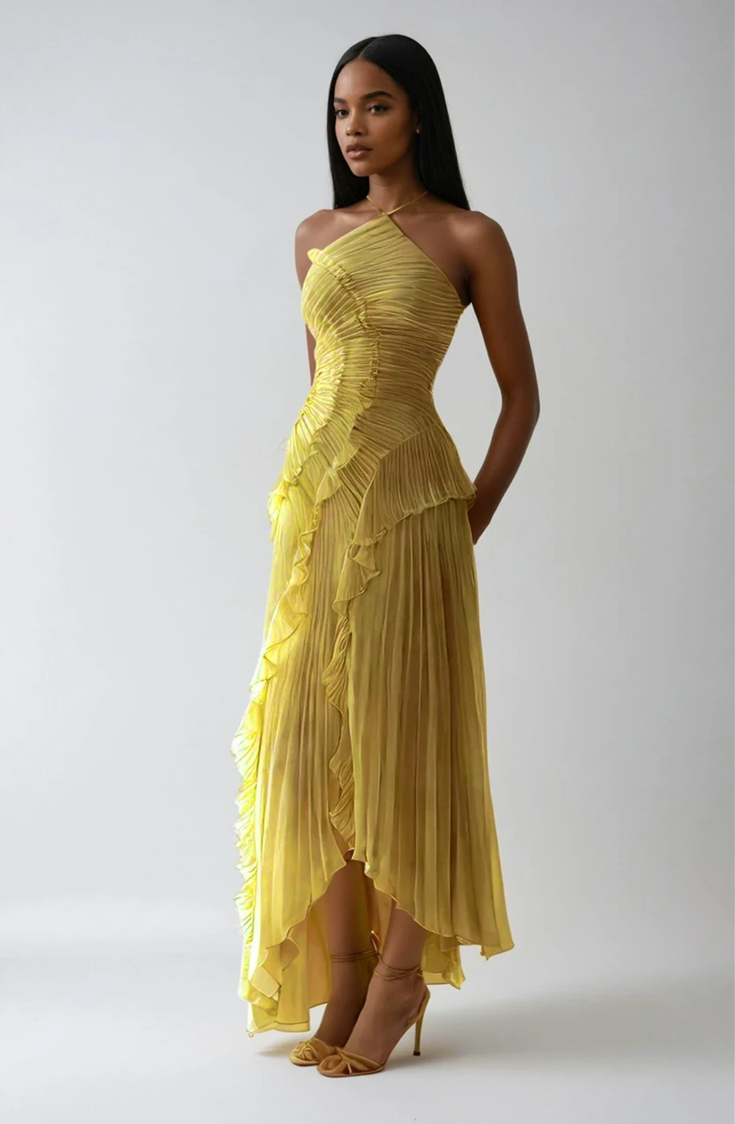 Bravielle - Women's long pleated dress with elegant asymmetric ruffles