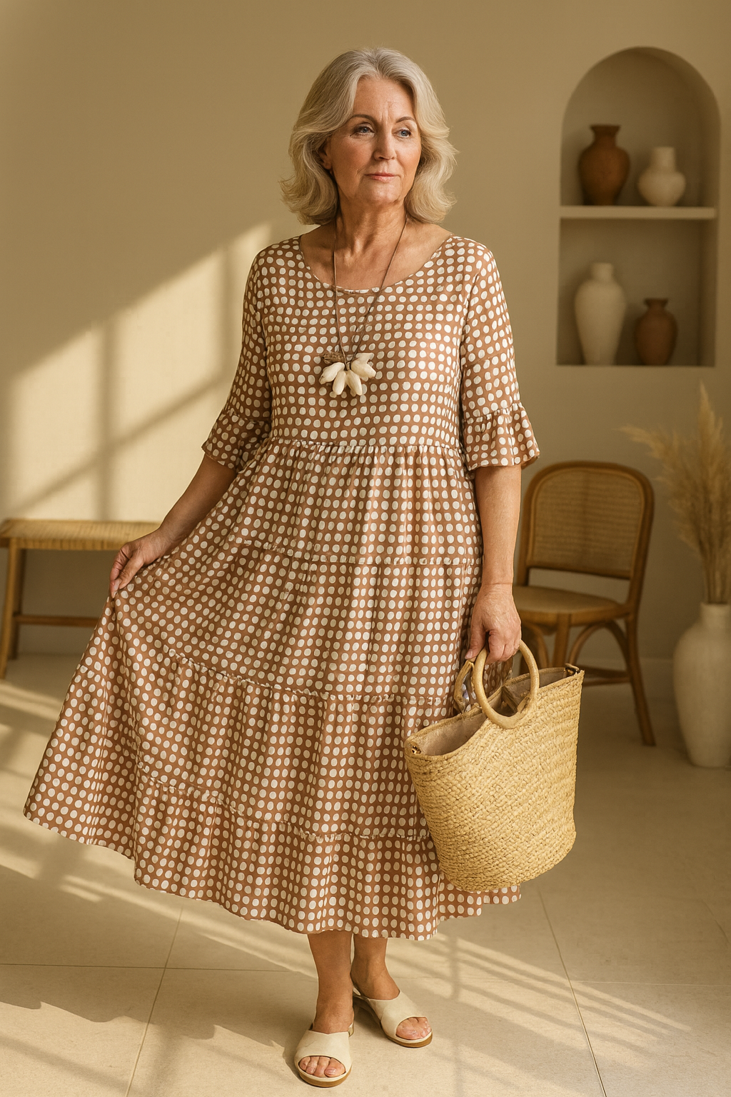 Myrelix - Women's Short Sleeve Midi Dress Natural Elegance