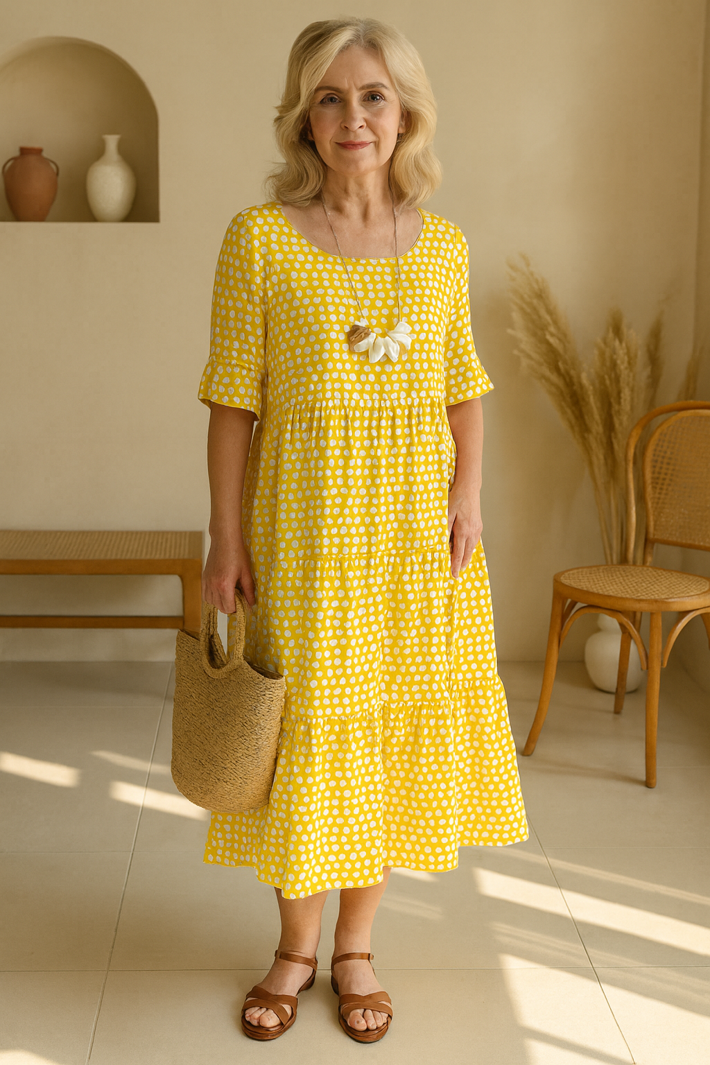 Myrelix - Women's Short Sleeve Midi Dress Natural Elegance