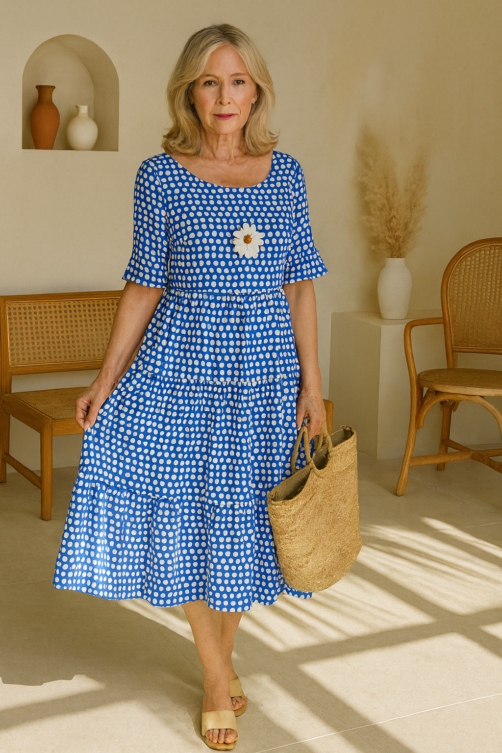 Myrelix - Women's Short Sleeve Midi Dress Natural Elegance