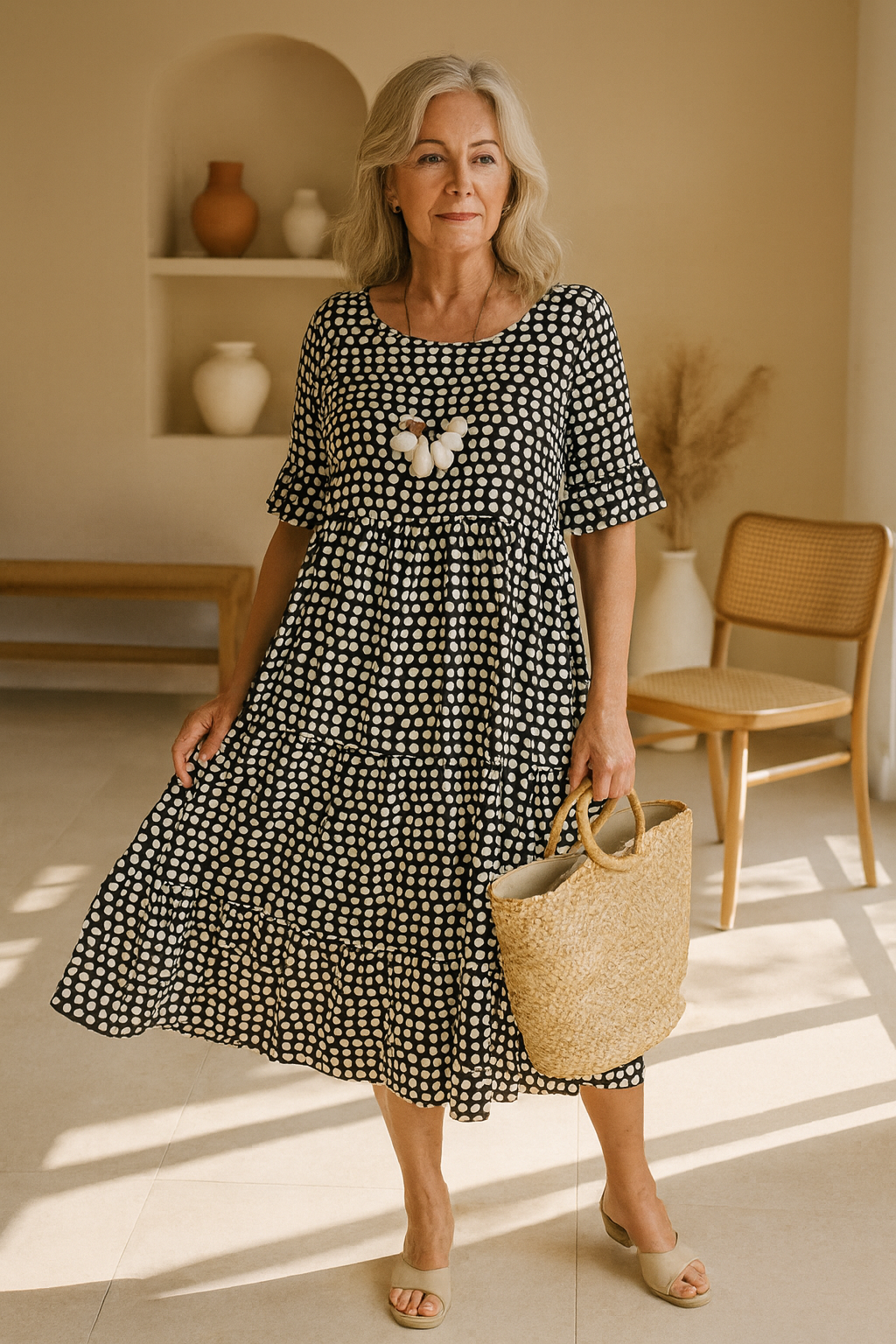 Myrelix - Women's Short Sleeve Midi Dress Natural Elegance