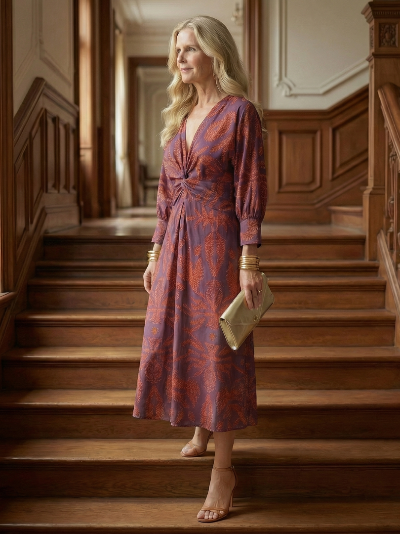 Falune - Women's elegant printed wrap midi dress with a fitted waist