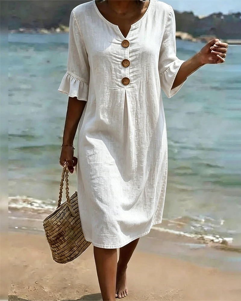 Fynorae - Women's denim dress with ruffled sleeves, flowy cut, for summer beach