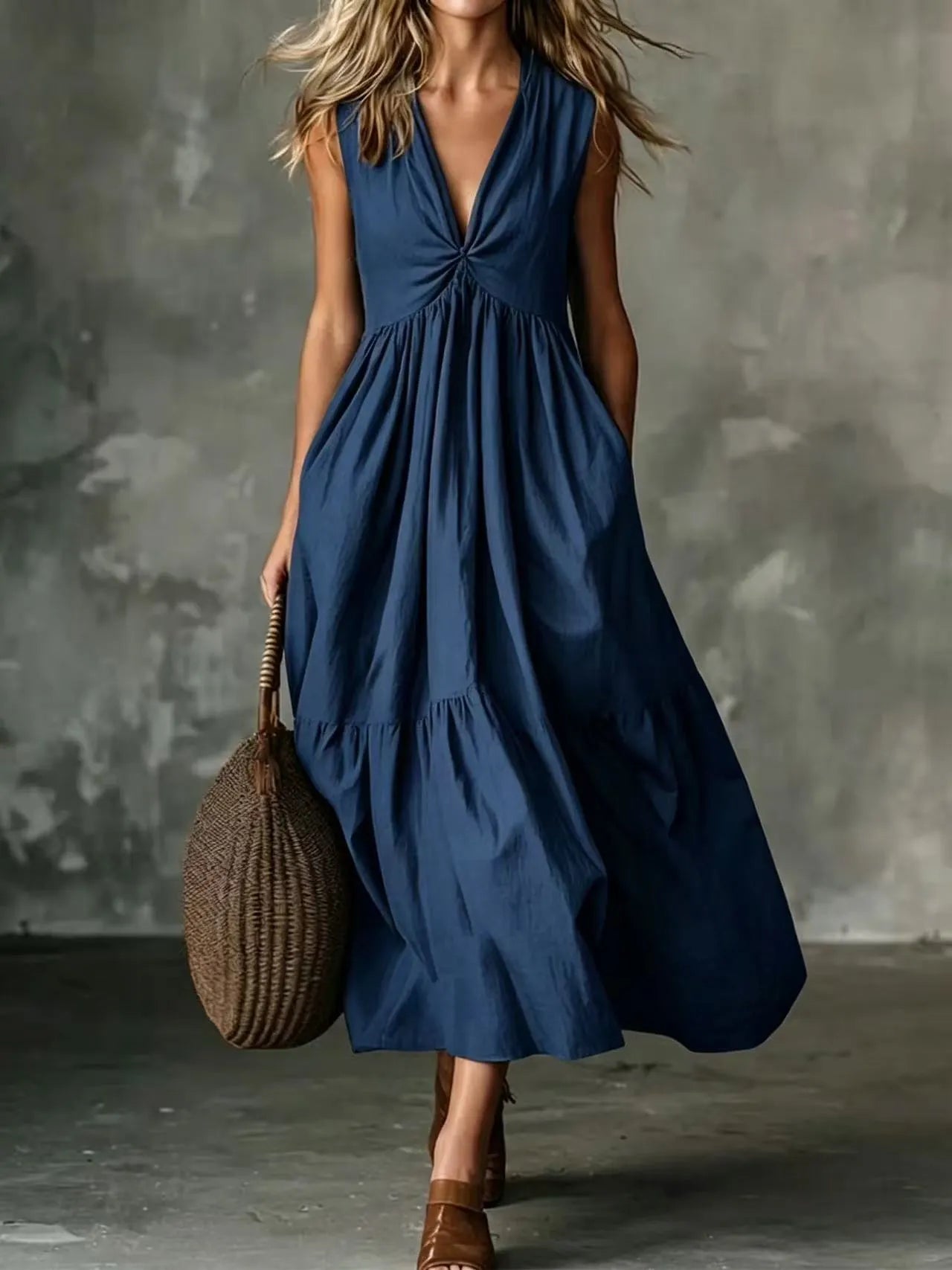 Leocadia - Robe midi femme sans manches à col V avec poches