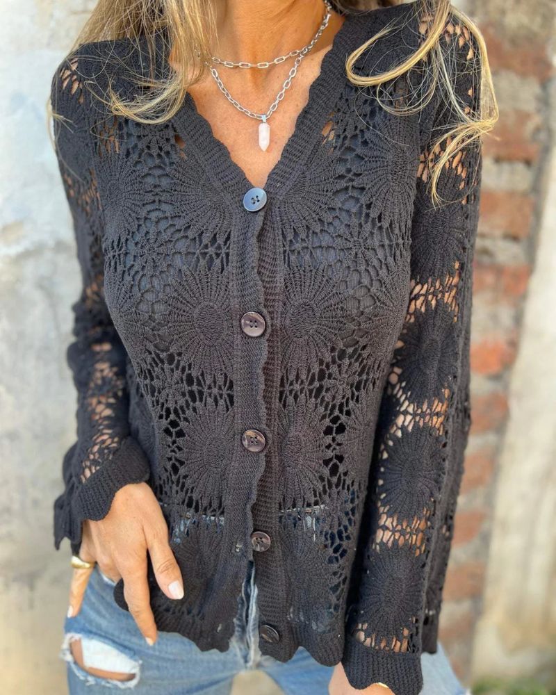 Zinnia - Women's V-Neck Long Sleeve Lace Top