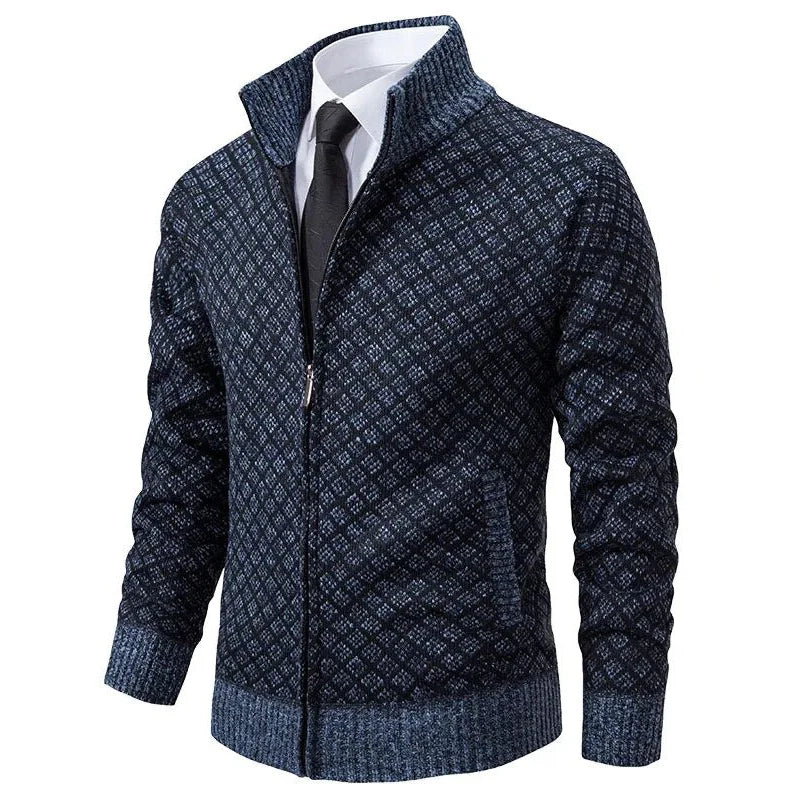 Fabian - Men's zipped stand-up collar cardigan, modern fit jacquard knit