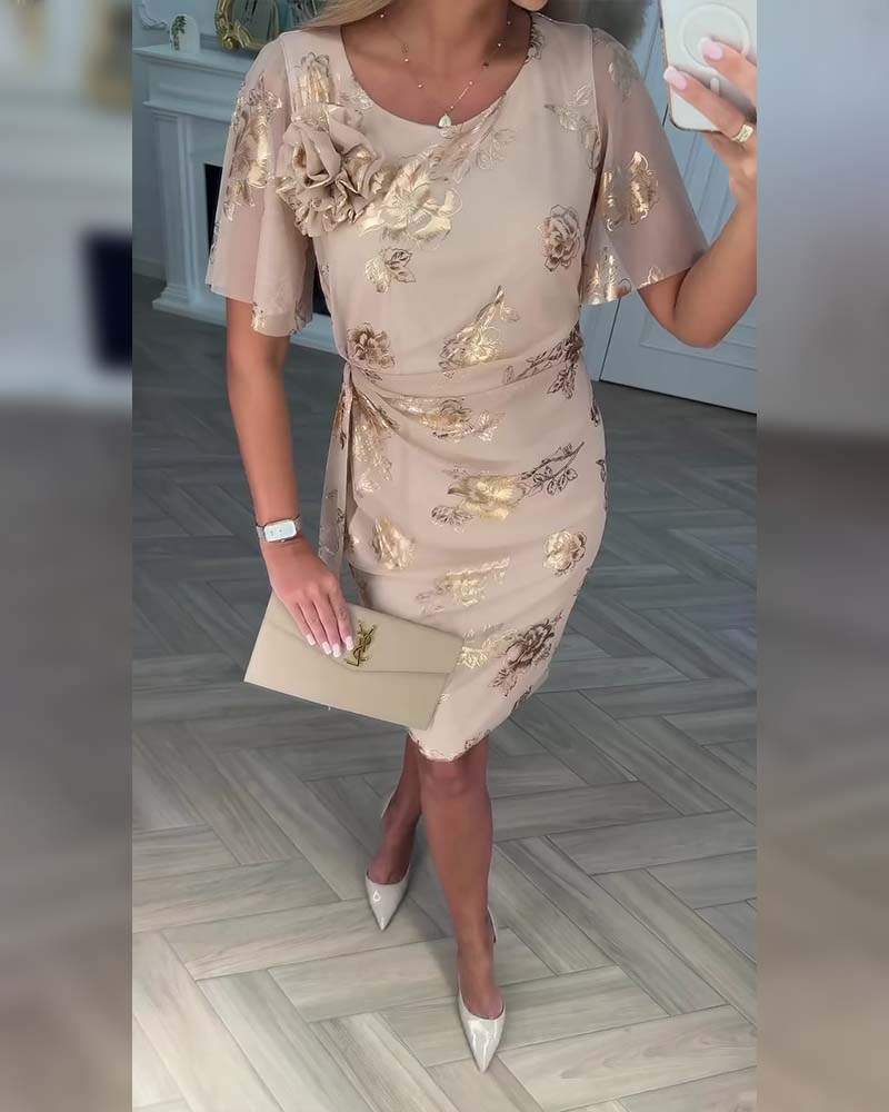 Dorevina - Elegant women's floral print dress with short sleeves and a fitted waist