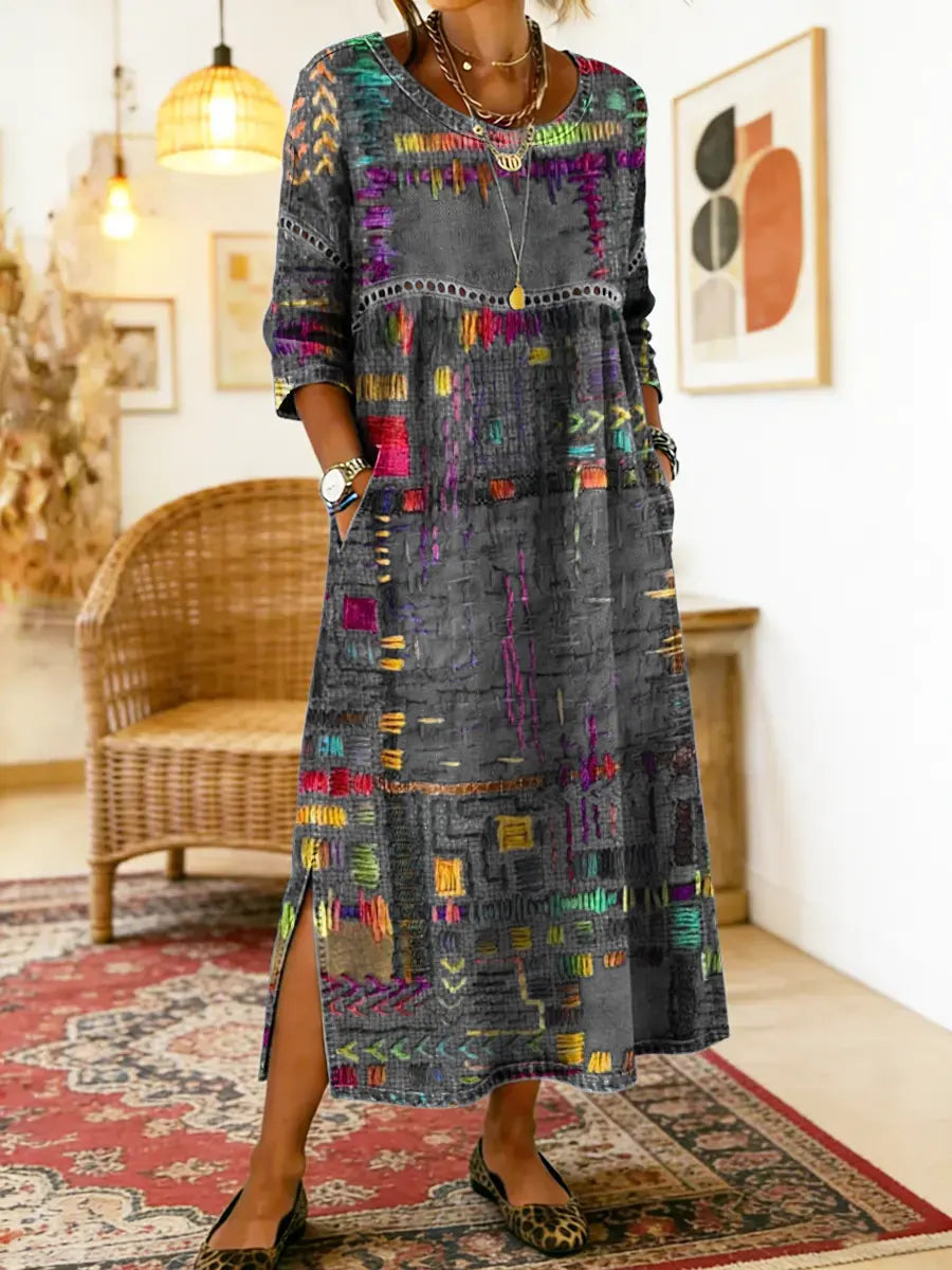 Lunethra - Women's Ethnic Patchwork Denim Dress