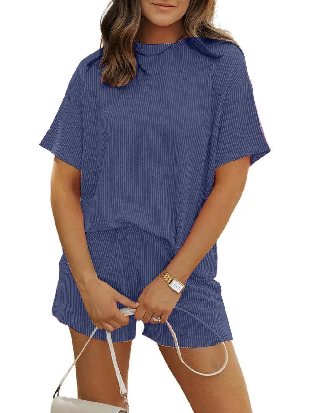 Irina - Ribbed Textured Shorts Set with Round Neck