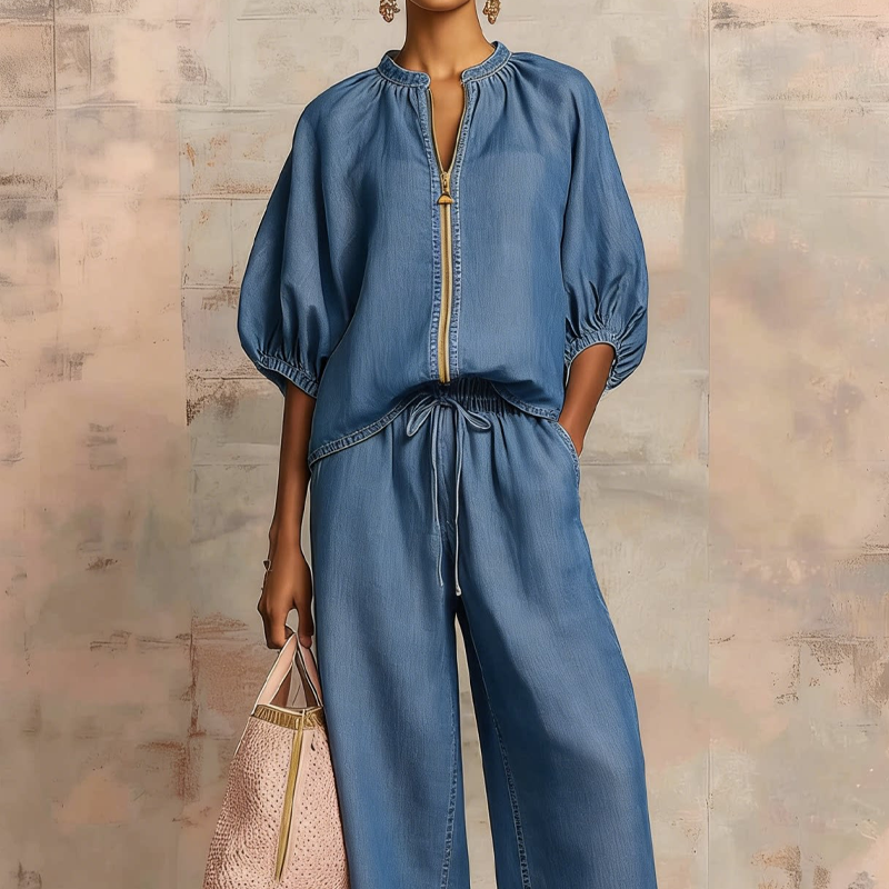 Calyndra - Women's solid color two-piece set with zipped top and wide-leg trousers