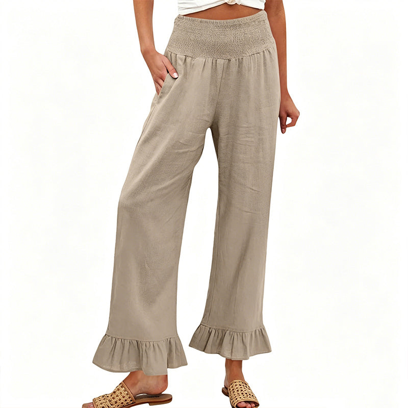 Dorexa - Women's High-Waisted Smocked Wide Leg Boho Cotton Linen Trousers