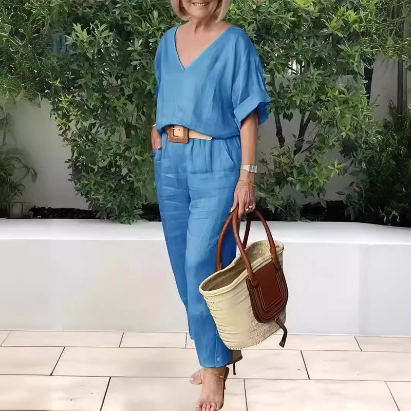 Loxaria - Women's V-neck Top and Pocket Trousers Casual Set