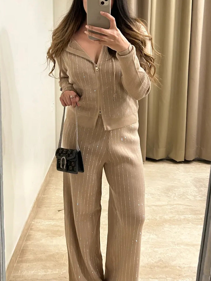 Aglaé - Shiny Silk Knit Hooded Cardigan Set