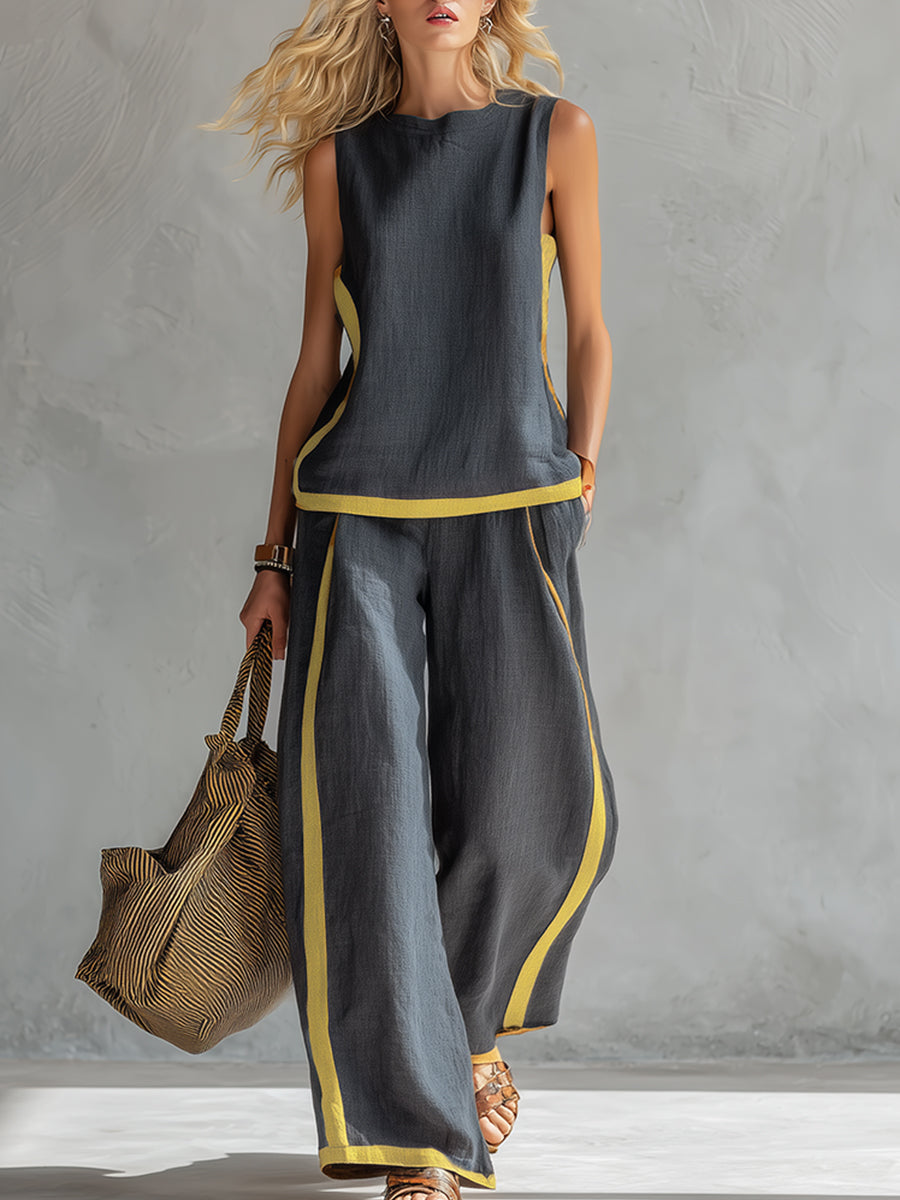 Tavindra - Elegant Cotton Linen Women's Set – Sleeveless Top & Wide-Leg Pants