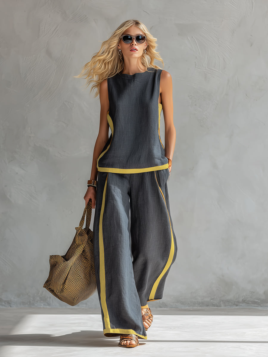 Tavindra - Elegant Cotton Linen Women's Set – Sleeveless Top & Wide-Leg Pants