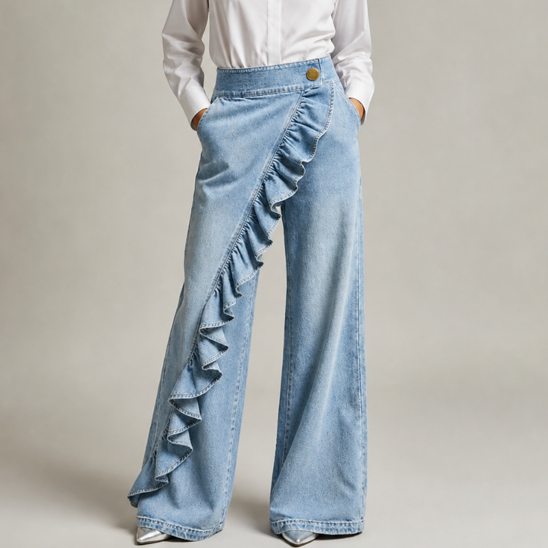 Izzavelle - Women's Wide-Leg Ruffled Denim Culottes in an Elegant Skirt-Pant Style