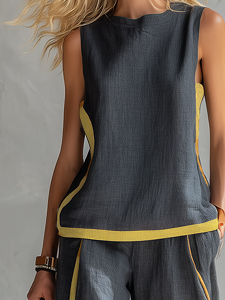 Tavindra - Elegant Cotton Linen Women's Set – Sleeveless Top & Wide-Leg Pants