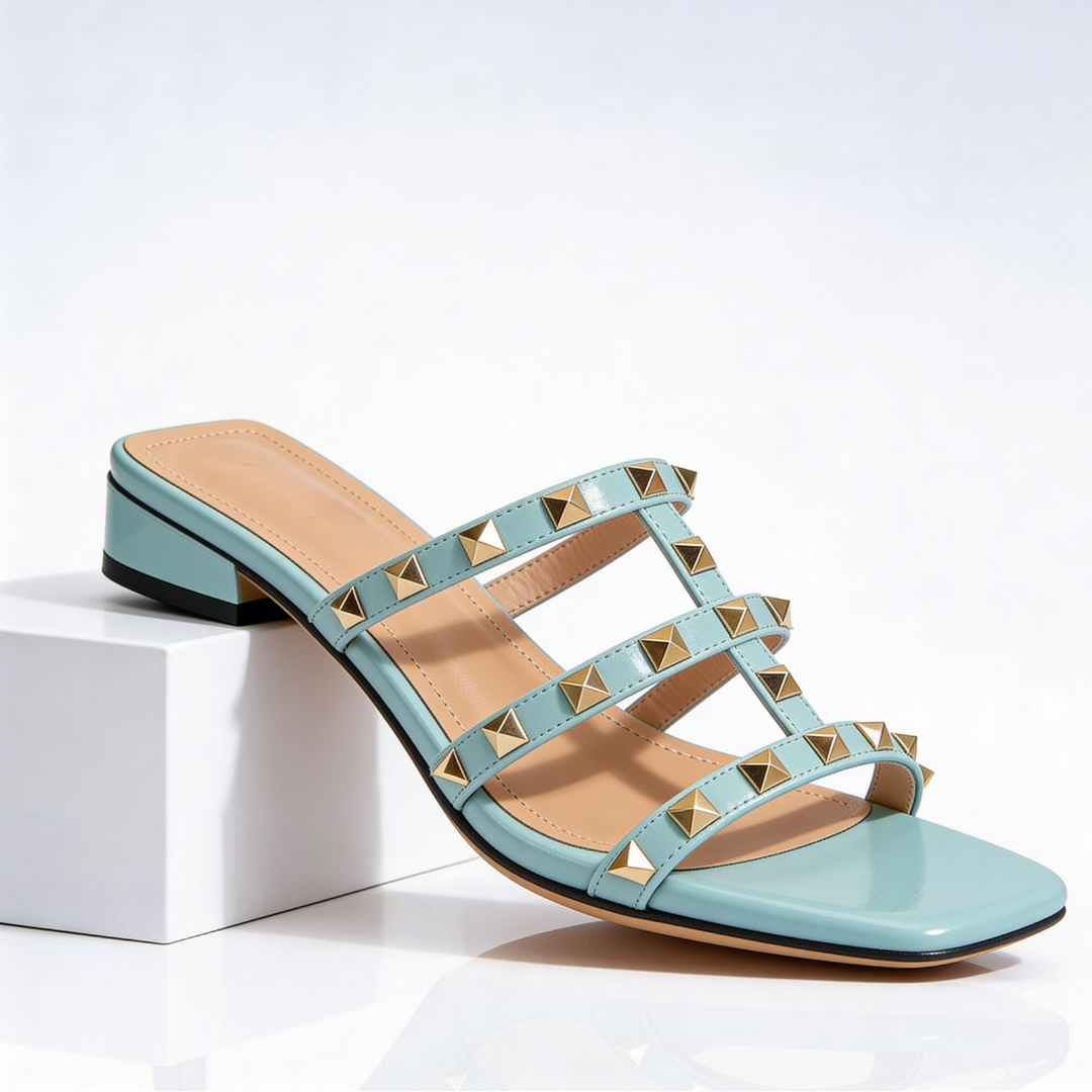 Frovelle - Women's studded leather sandals with comfortable sole and low heel, chic style