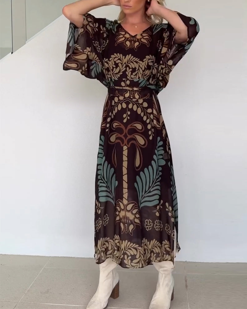 Praxellea - Women's Boho Maxi Dress Loose V-Neck Elegant Leaf Print