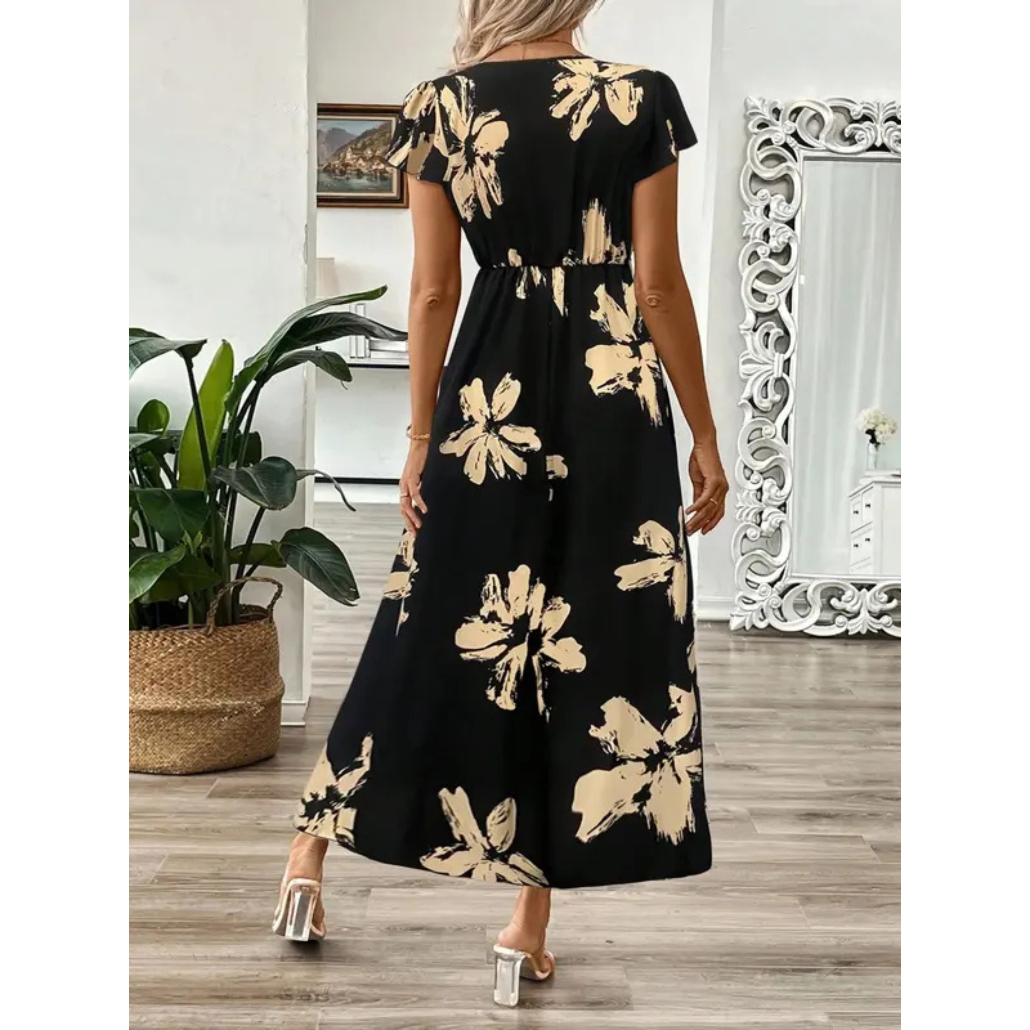 Korevyn - Women's Elegant Flowy Black and Beige Floral Print Maxi Dress