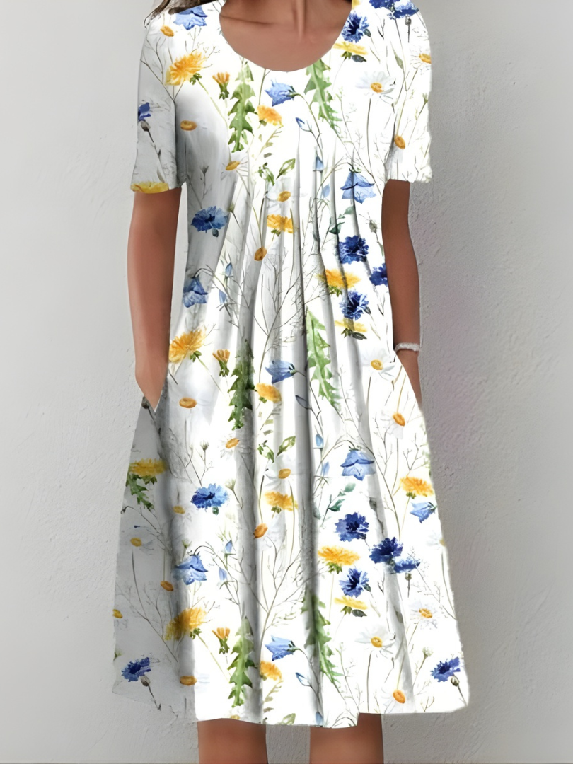 Aurexia - Women's Floral Pleated Short Sleeve Flowy Elegant Dress